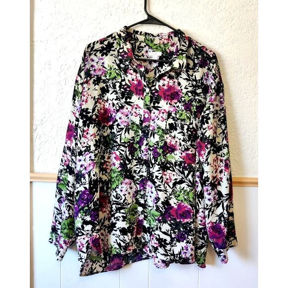 j. Jill Floral Long Sleeve Multicolor Shirt Blouse Sz XL Collared Front Pocket - Picture 10 of 10